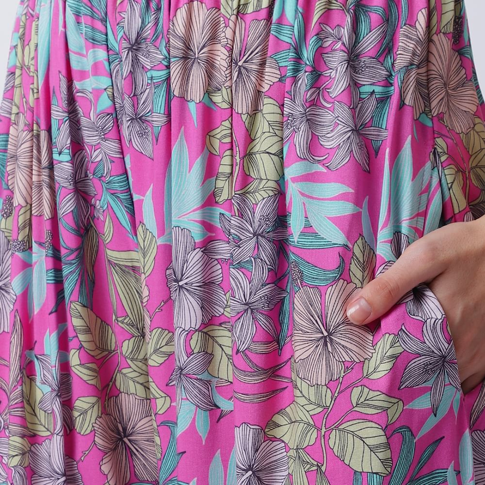 Rayon Pink Botanical Printed Night Suit set of Shirt & Pyjama trouser