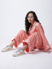 Cotton Satin Lycra Night Suit set of Shirt & Pyjama trouser
