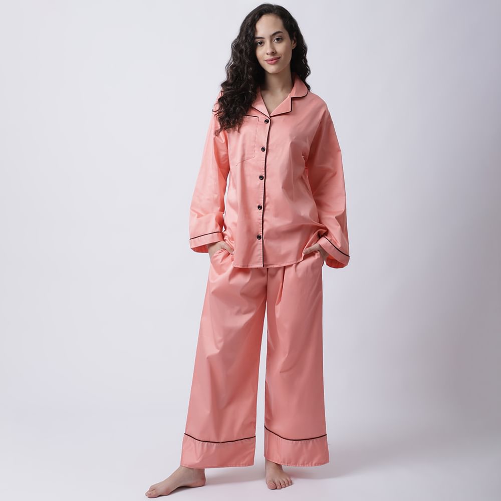 Cotton Satin Lycra Night Suit set of Shirt & Pyjama trouser