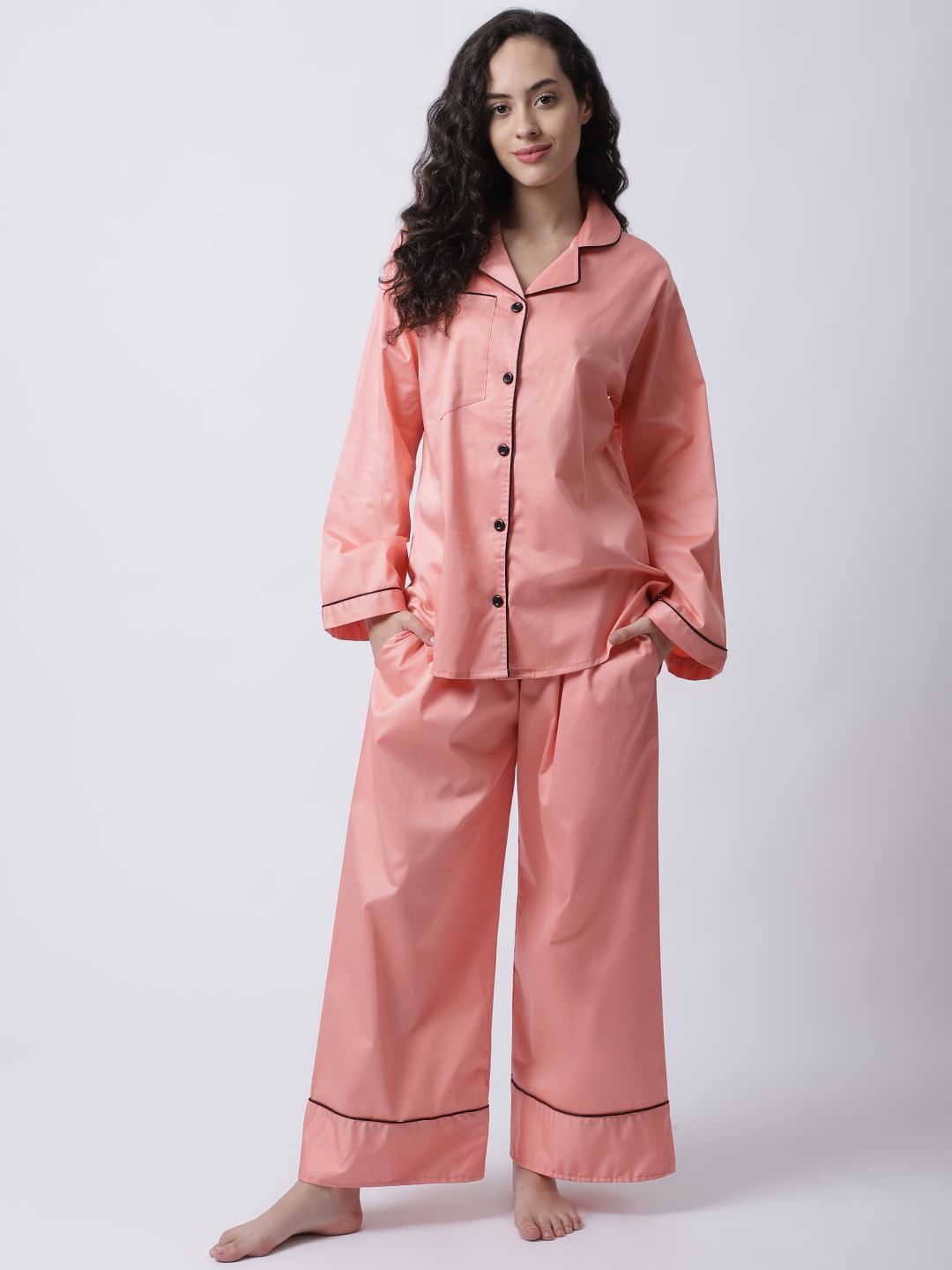 Cotton Satin Lycra Night Suit set of Shirt & Pyjama trouser