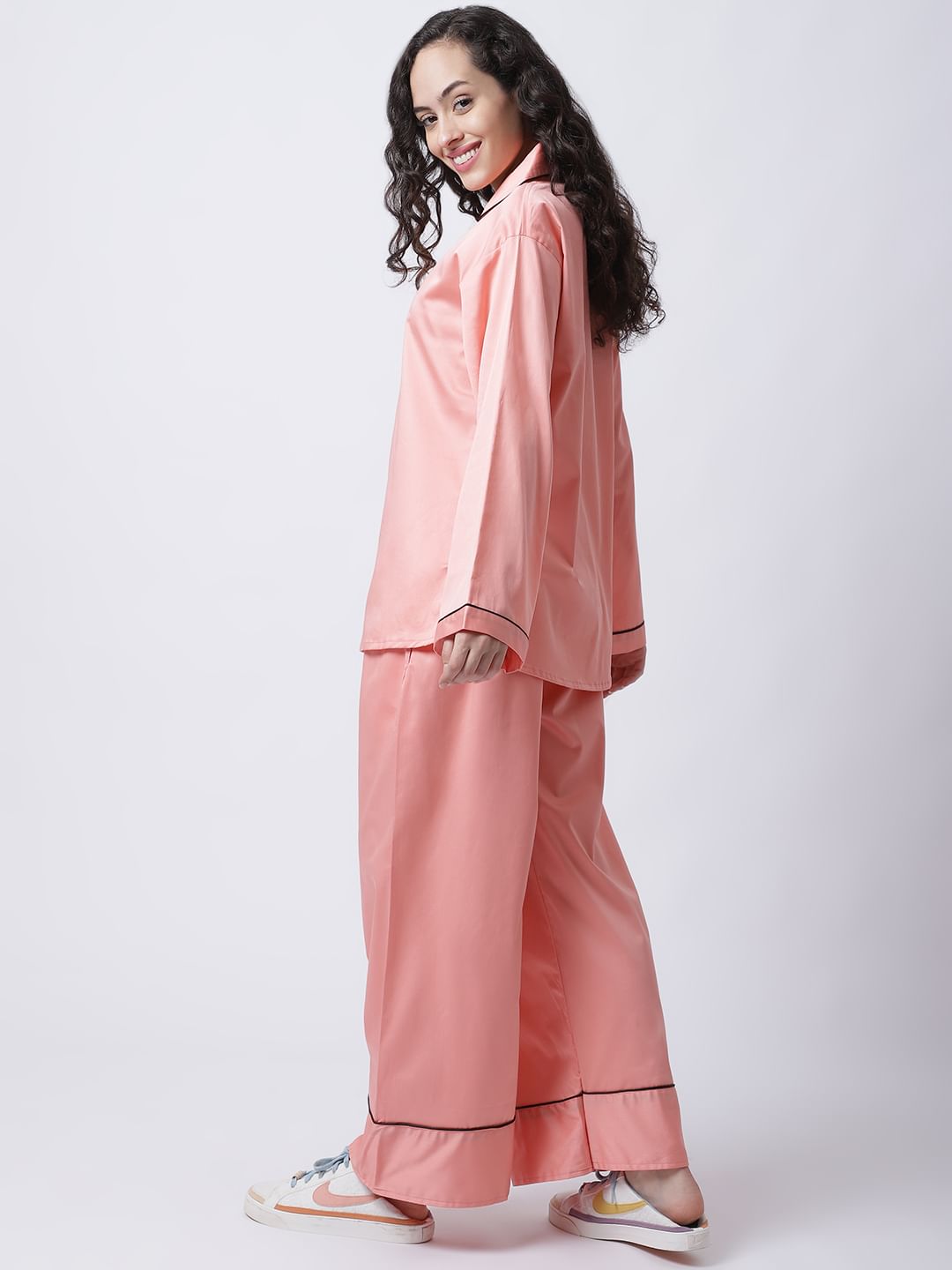 Cotton Satin Lycra Night Suit set of Shirt & Pyjama trouser