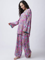 Rayon Pink Botanical Printed Night Suit set of Top & Pyjama trouser