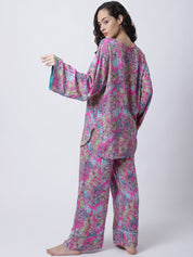 Rayon Pink Botanical Printed Night Suit set of Top & Pyjama trouser