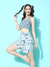Blue Abstract Printed Night Suit with cami top