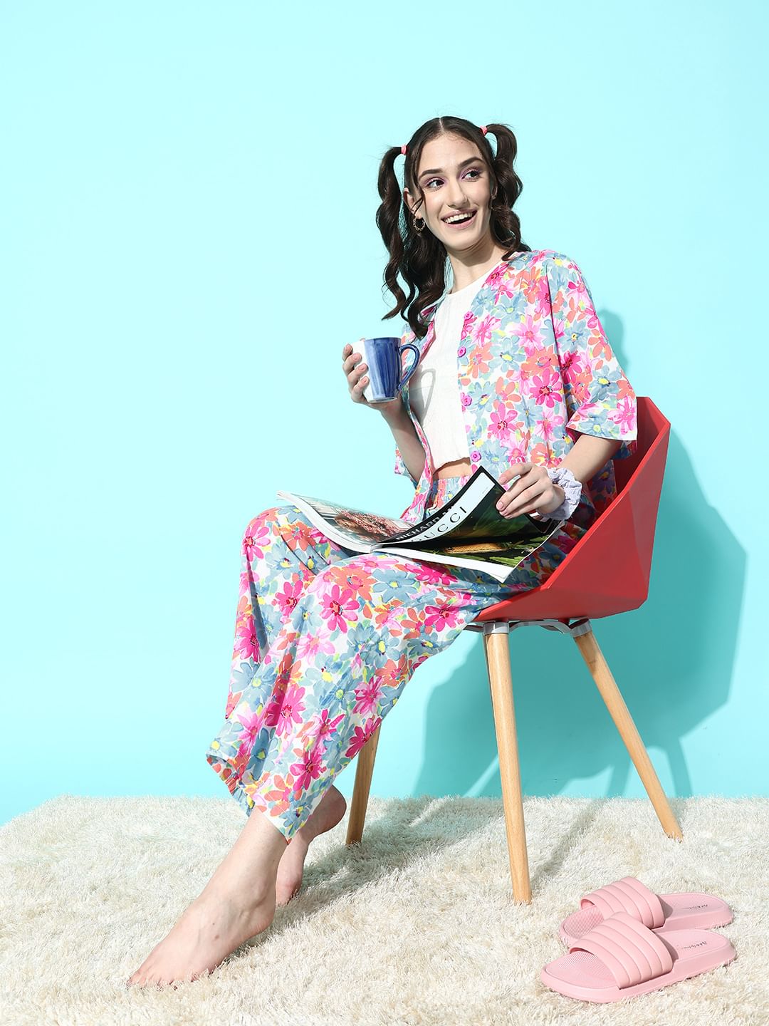 Pink and Blue Floral Printed Co-ord Set