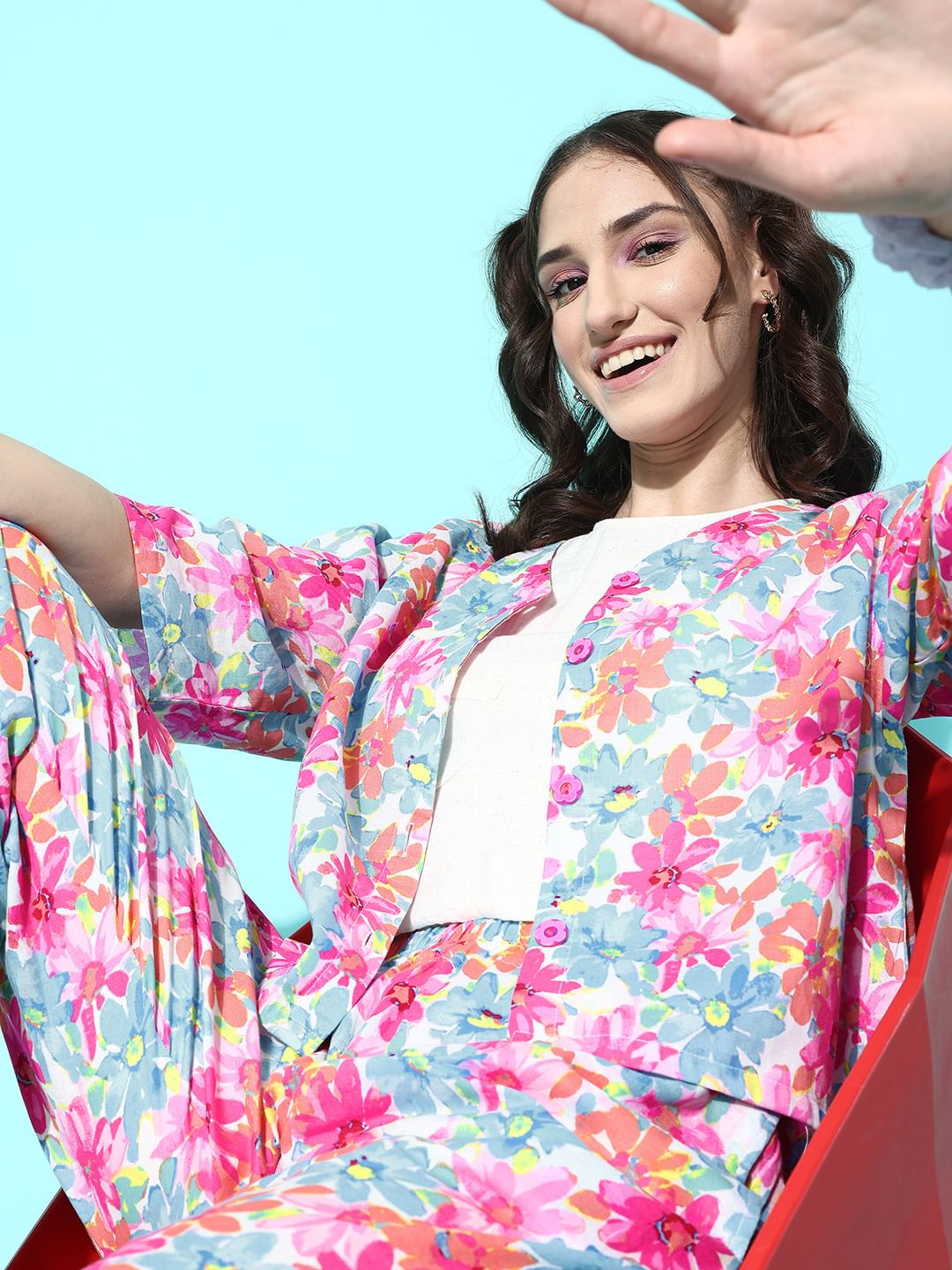 Pink and Blue Floral Printed Co-ord Set