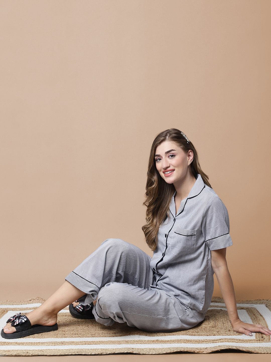 Black & White Striped Cotton Night Suit
