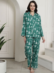 Green Christmas Print Cotton Flannel Night Suit