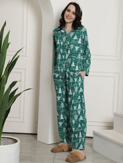 Green Christmas Print Cotton Flannel Night Suit