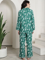 Green Christmas Print Cotton Flannel Night Suit