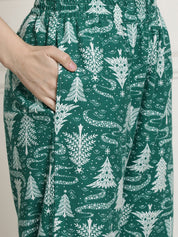 Green Christmas Print Cotton Flannel Night Suit