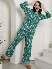 Green Christmas Print Cotton Flannel Night Suit