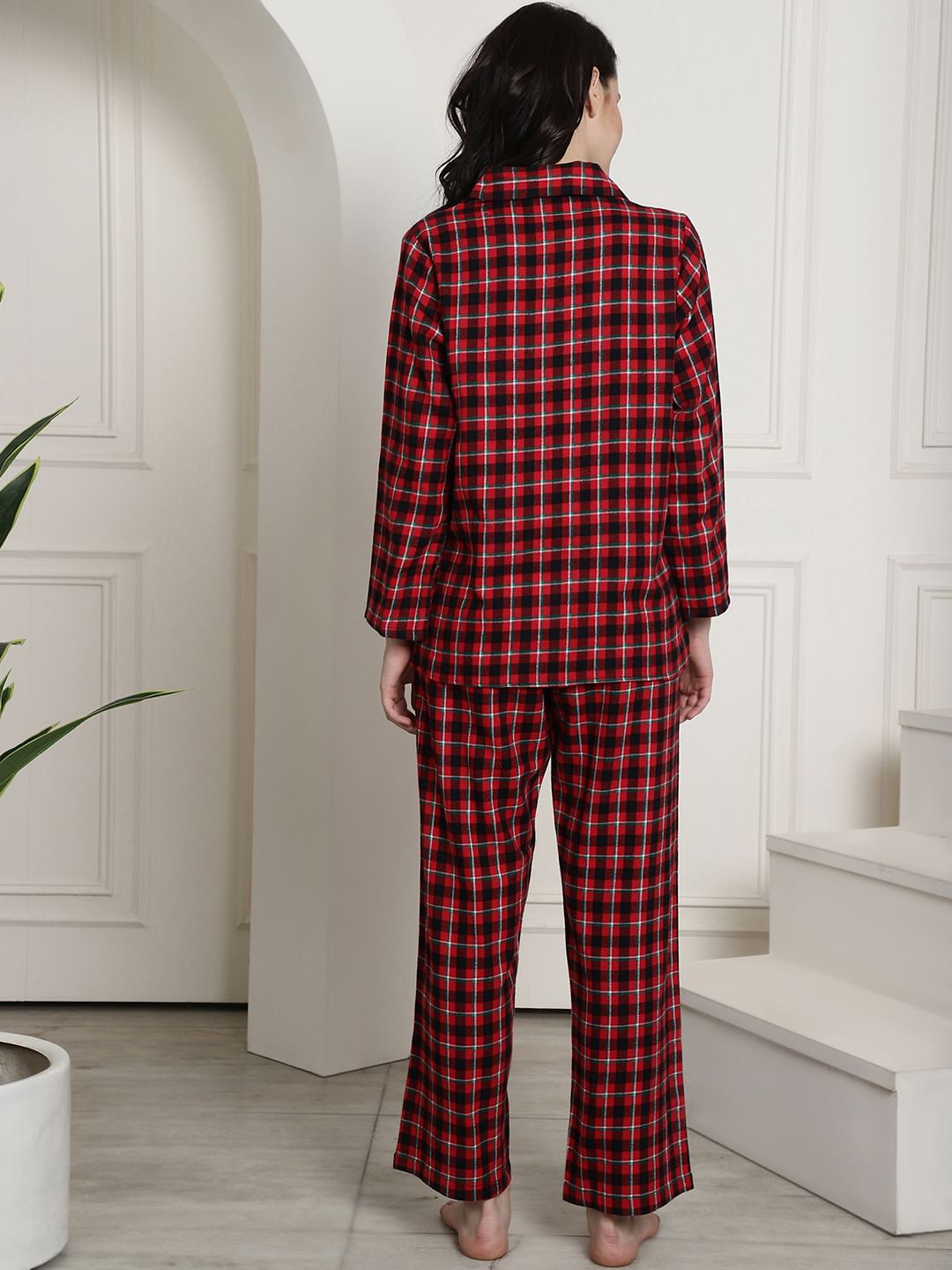 Maroon Checked Cotton Flannel Night Suit