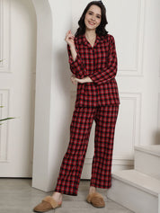 Maroon Checked Cotton Flannel Night Suit