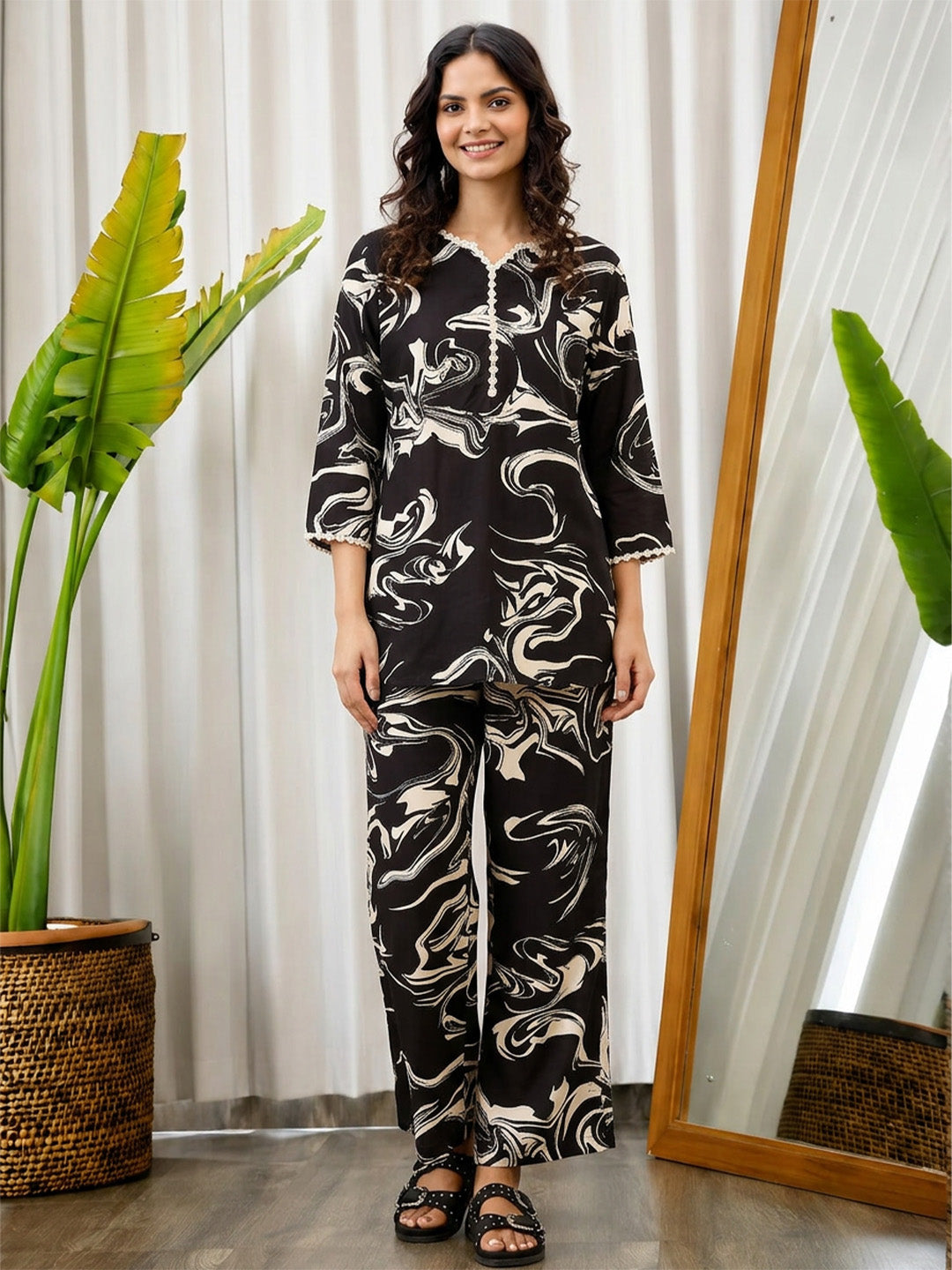 Abstract Print Rayon Black Co-Ord Set