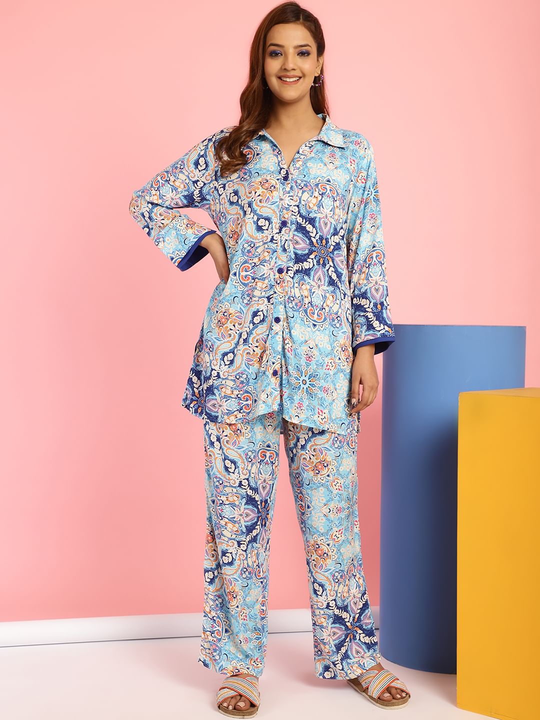 Floral Print Rayon Blue Co-Ord Set