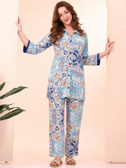 Floral Print Rayon Blue Co-Ord Set