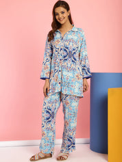 Floral Print Rayon Blue Co-Ord Set