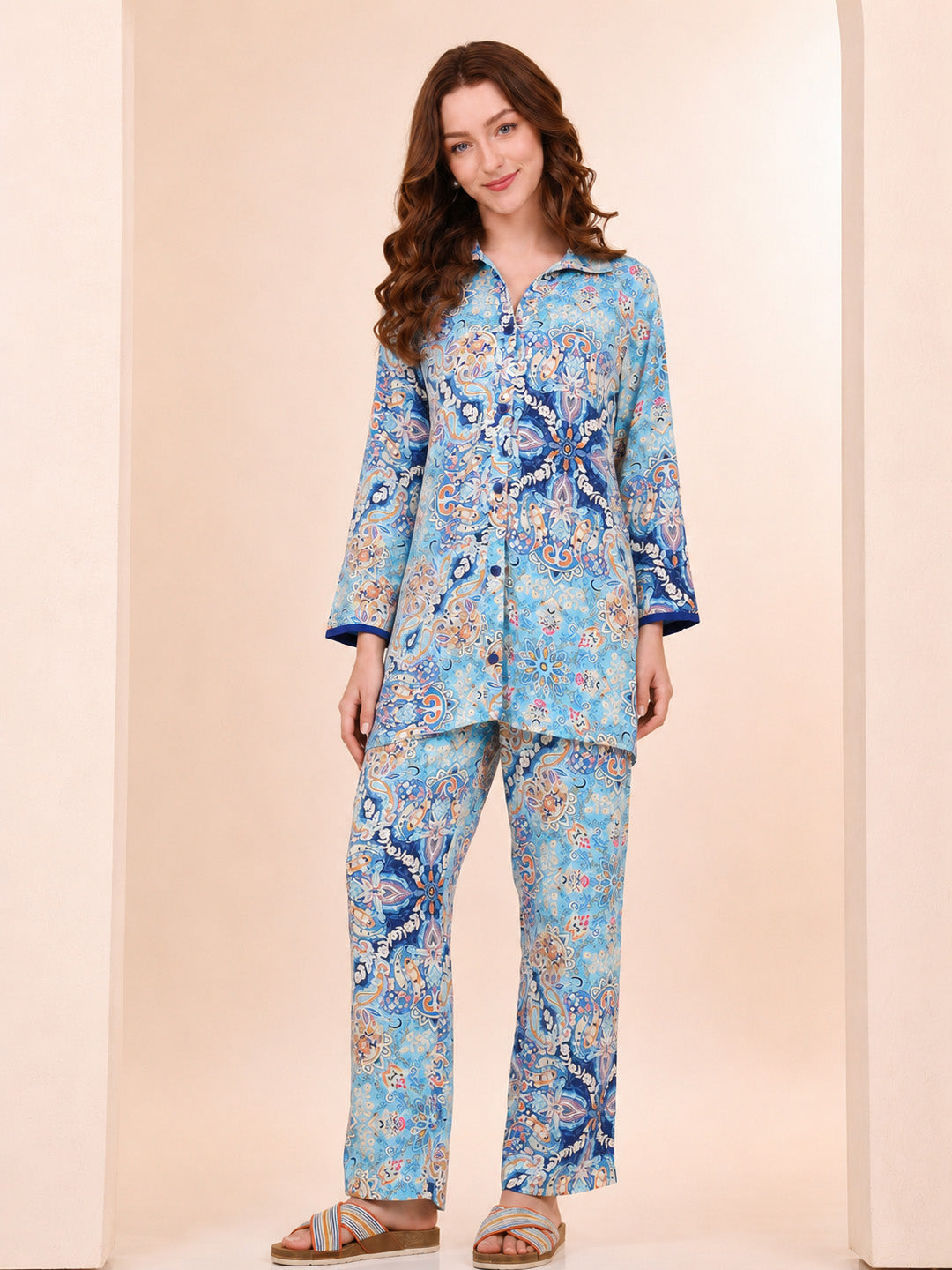 Floral Print Rayon Blue Co-Ord Set