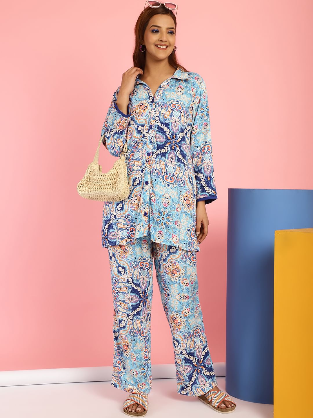 Floral Print Rayon Blue Co-Ord Set