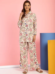 Floral Print Rayon Peach Co-Ord Set