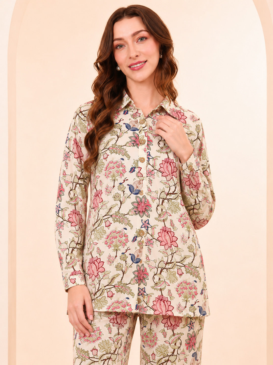 Floral Print Rayon Peach Co-Ord Set