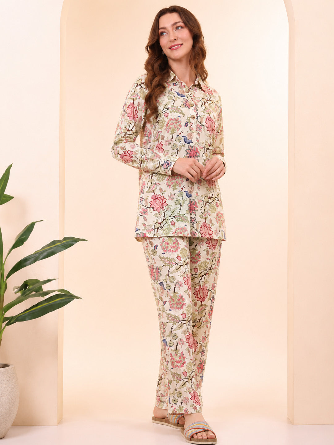Floral Print Rayon Peach Co-Ord Set