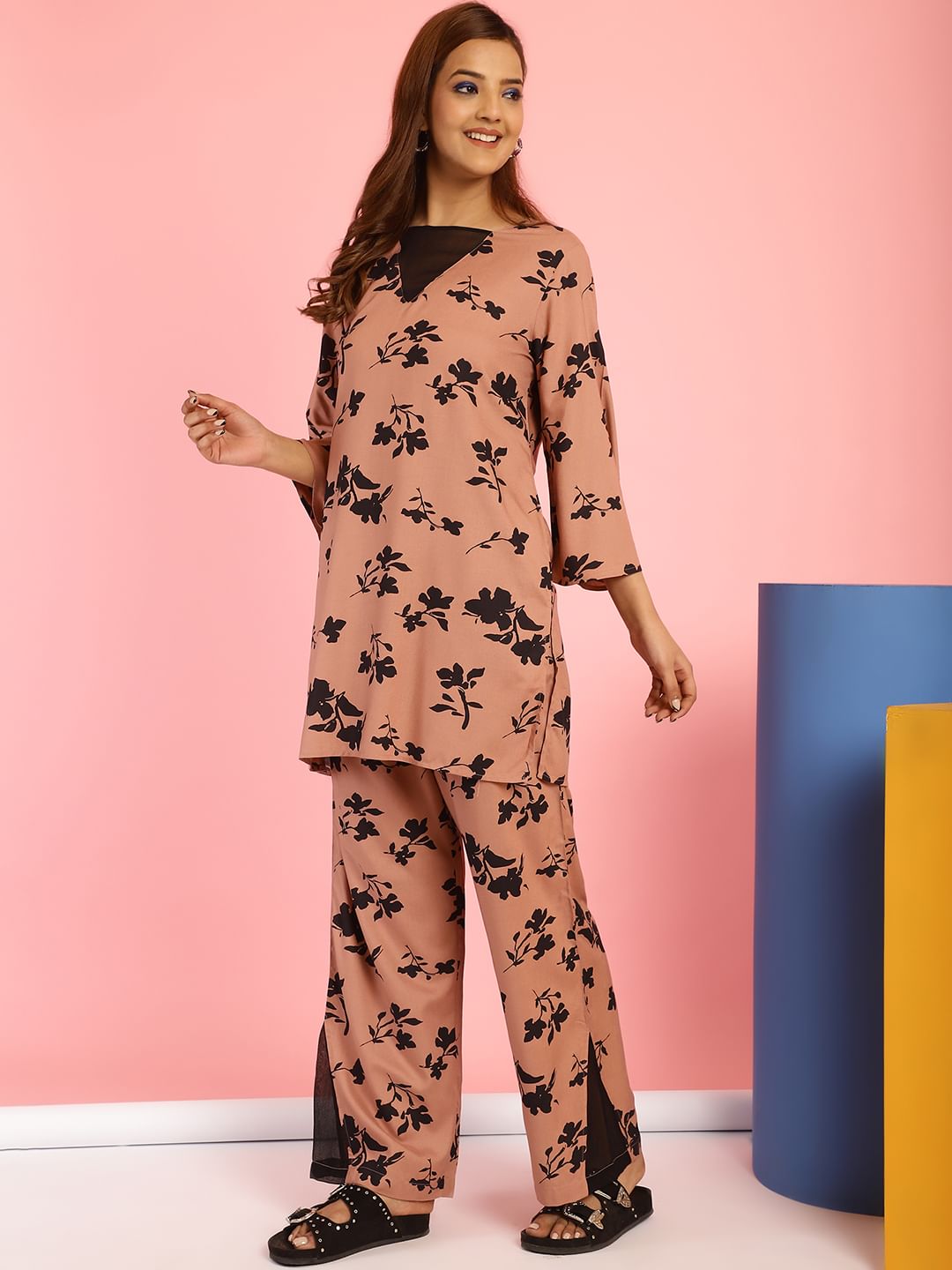 Floral Print Rayon Brown Co-Ord Set