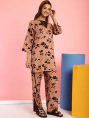 Floral Print Rayon Brown Co-Ord Set