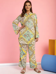Geometric Print Rayon Yellow Night Suit