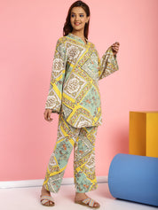 Geometric Print Rayon Yellow Night Suit