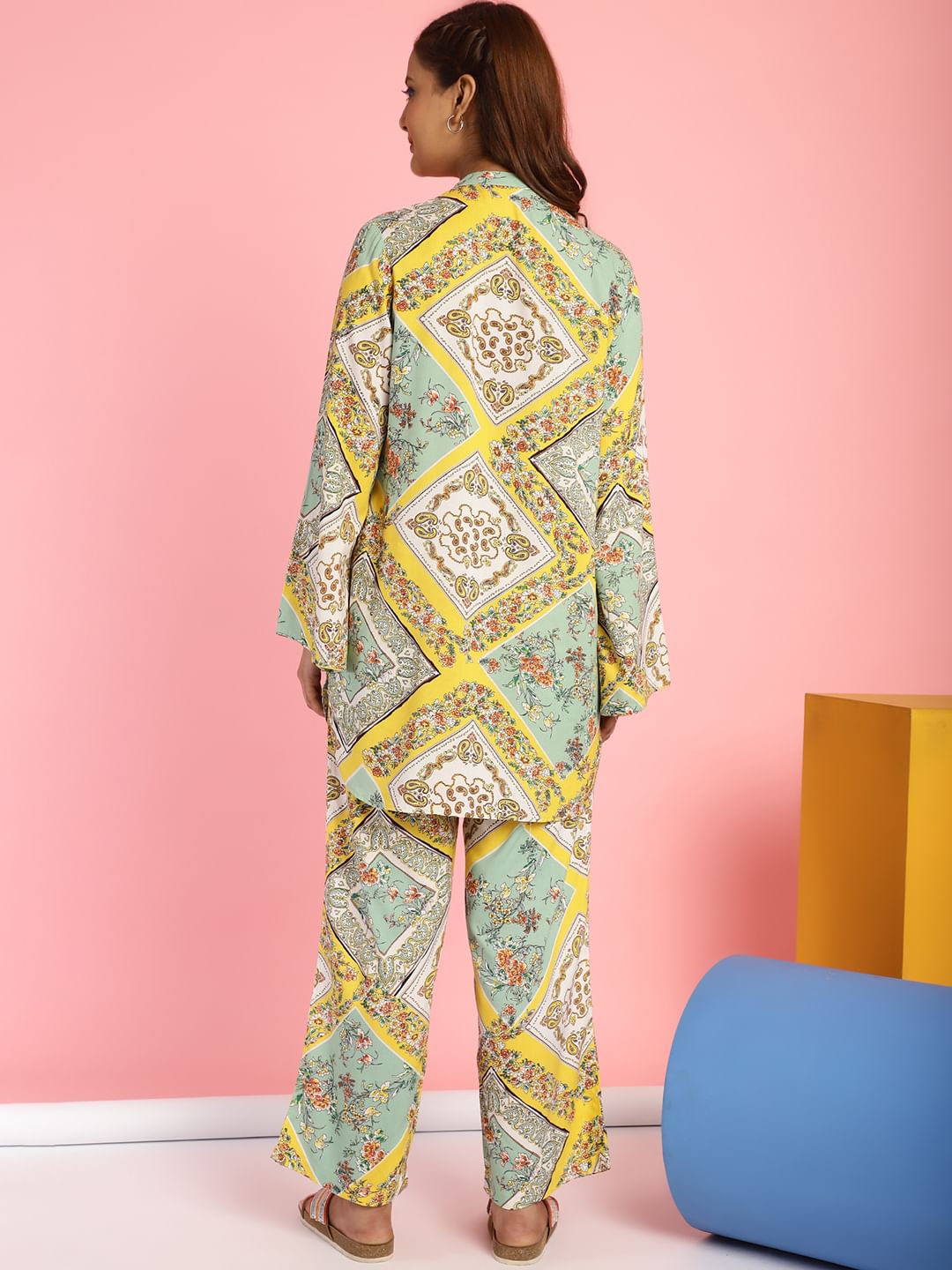 Geometric Print Rayon Yellow Night Suit