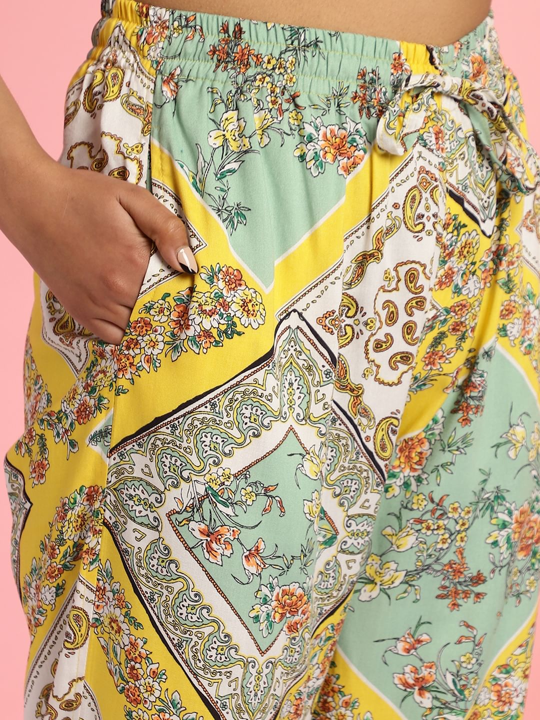 Geometric Print Rayon Yellow Night Suit