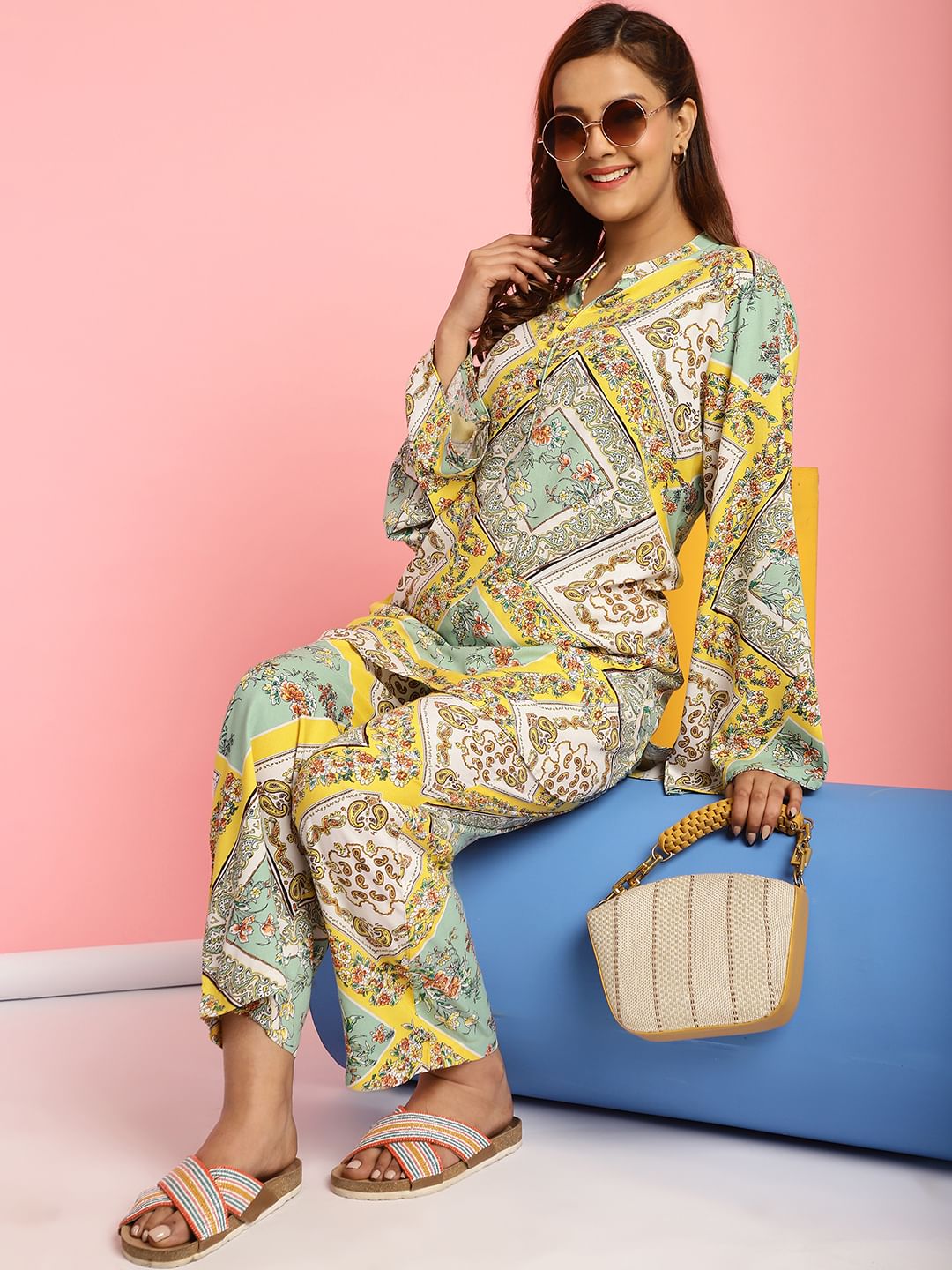 Geometric Print Rayon Yellow Night Suit