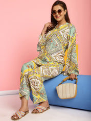 Geometric Print Rayon Yellow Night Suit