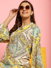 Geometric Print Rayon Yellow Night Suit