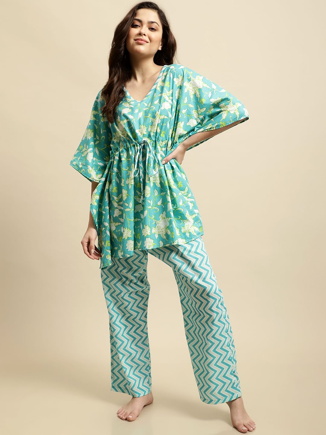 Turquoise Blue Jaipuri Ethnic Print Kaftan Night Suit