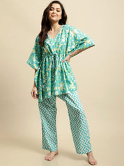 Turquoise Blue Jaipuri Ethnic Print Kaftan Night Suit