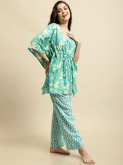 Turquoise Blue Jaipuri Ethnic Print Kaftan Night Suit