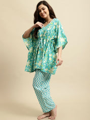Turquoise Blue Jaipuri Ethnic Print Kaftan Night Suit