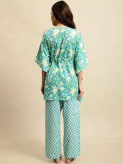 Turquoise Blue Jaipuri Ethnic Print Kaftan Night Suit