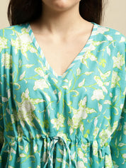 Turquoise Blue Jaipuri Ethnic Print Kaftan Night Suit