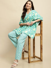 Turquoise Blue Jaipuri Ethnic Print Kaftan Night Suit