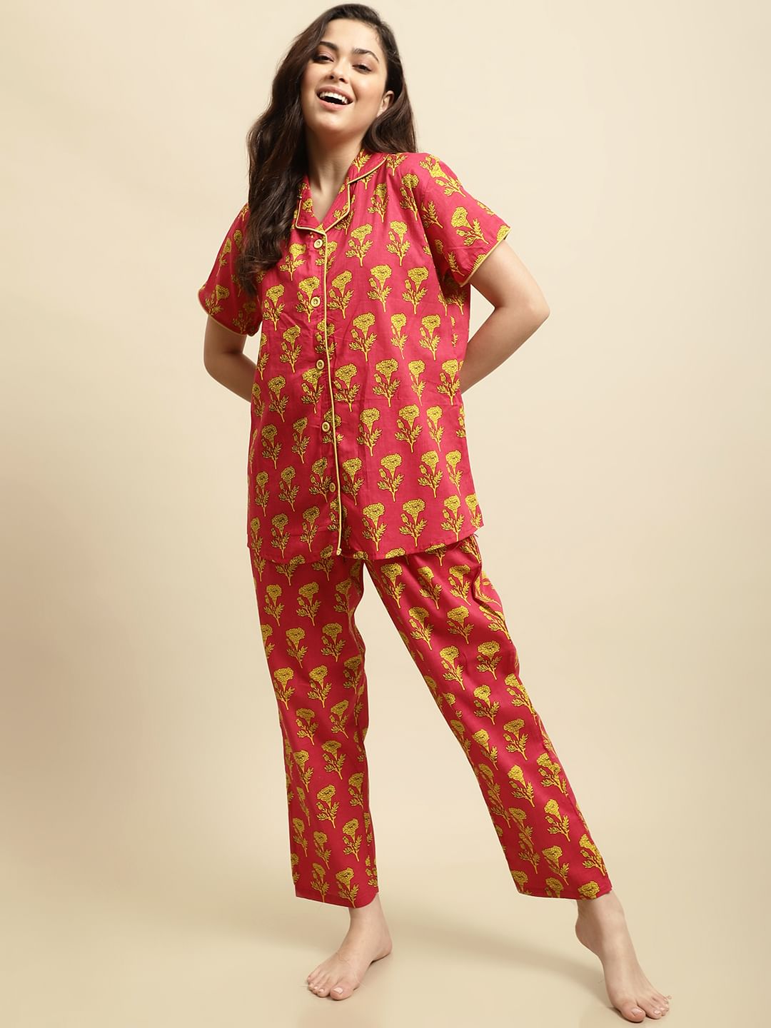 Pink & Yellow Sanganeri Floral Print Night Suit