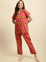 Pink & Yellow Sanganeri Floral Print Night Suit