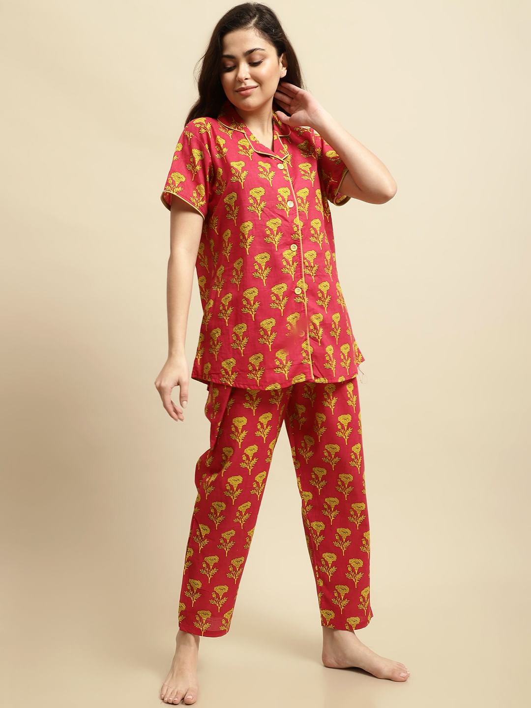 Pink & Yellow Sanganeri Floral Print Night Suit