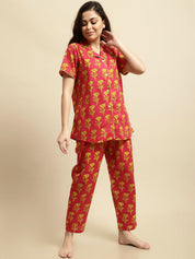 Pink & Yellow Sanganeri Floral Print Night Suit