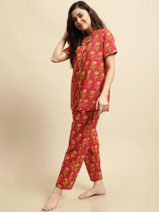 Pink & Yellow Sanganeri Floral Print Night Suit