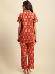 Pink & Yellow Sanganeri Floral Print Night Suit