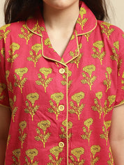Pink & Yellow Sanganeri Floral Print Night Suit